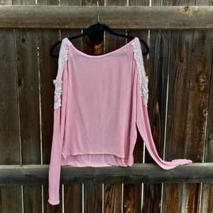 Lace Open Shoulder Pink Blouse